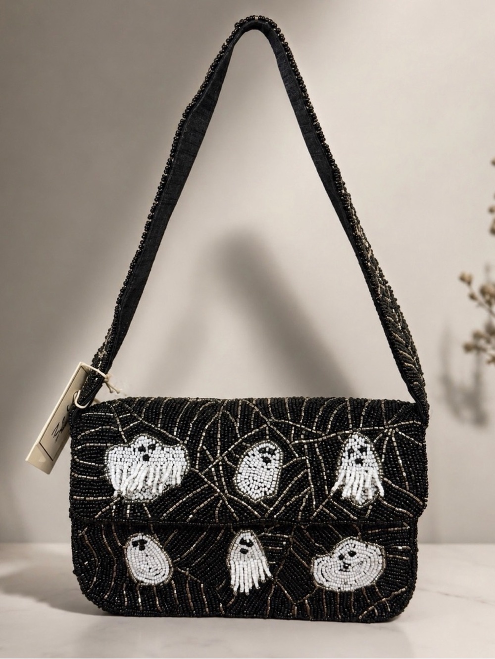 Beaded Black Ghost Motif Shoulder Bag - Picture 2 of 7